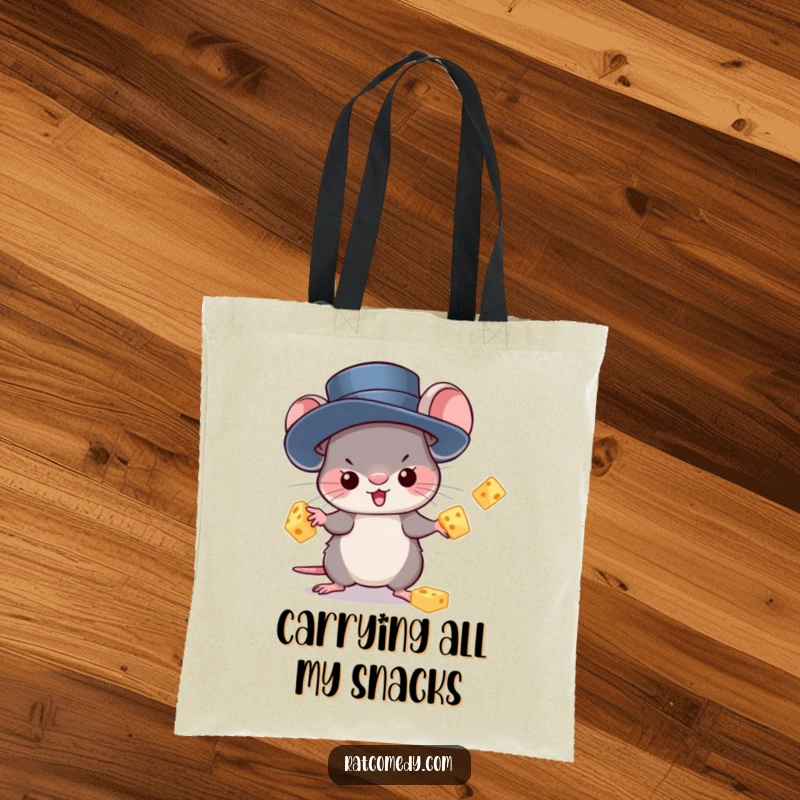 Funny Tote Bag with a kawaii rat in a top hat, skillfully juggling cheese. Perfect for shopping or carrying daily items.