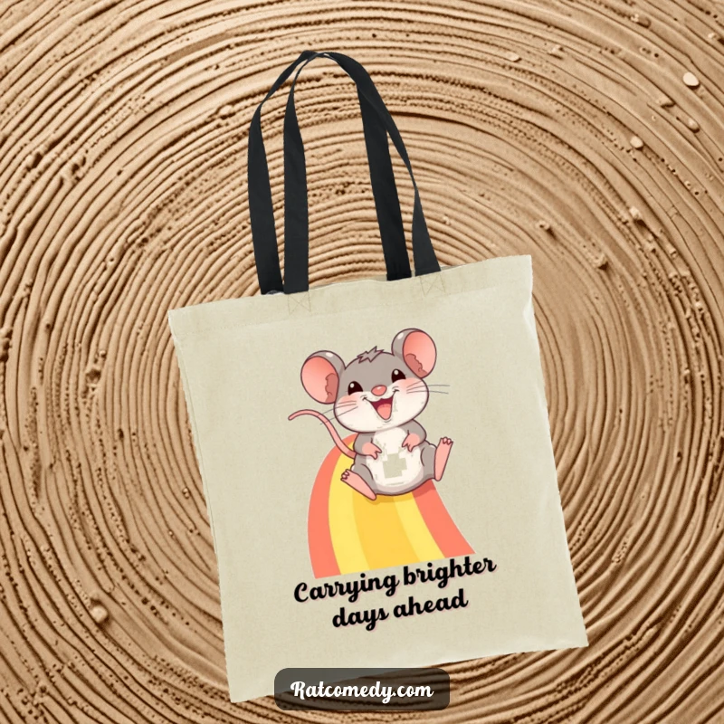 Funny tote bag: A happy rat beams as it slides down a bright, arched rainbow, exuding playful energy.