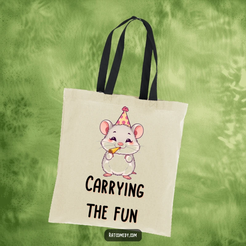 Funny Rat Party Tote Bag with a fluffy rat in a party hat blowing a horn, perfect for carrying essentials with festive humor.