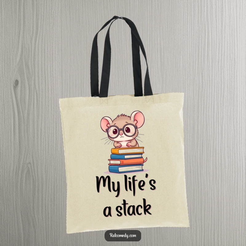 Funny Rat Scholar Tote Bag with a tiny, round rat, oversized spectacles, and a precarious book stack, perfect for carrying books humorously.