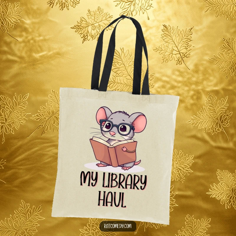 Funny Tote Bag featuring a small rat wearing spectacles, reading a giant book; ideal for students and readers.
