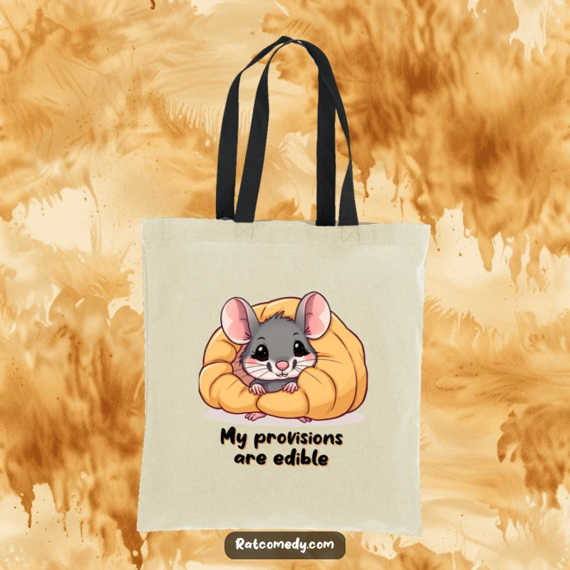 Funny tote bag: A curious rat peeks out from the side of an enormous, delectable croissant, looking mischievous.