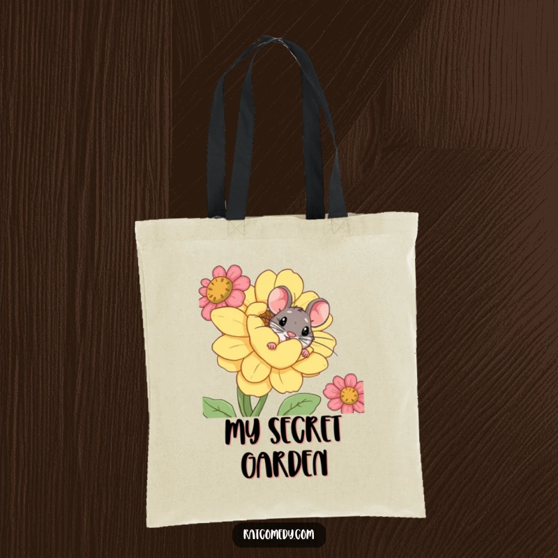 Funny tote bag with a rodent peeking from behind a comically large, colorful flower, conveying curiosity and playfulness.
