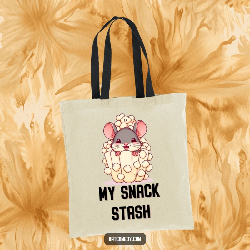 Funny Tote Bag with a cheerful rat peeking from a giant popcorn kernel. Ideal for carrying snacks, groceries, or everyday items.