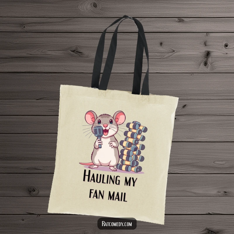 Funny Tote Bag with a dramatic rat posing next to a large stack of tiny microphones. Ideal for performers and music lovers.